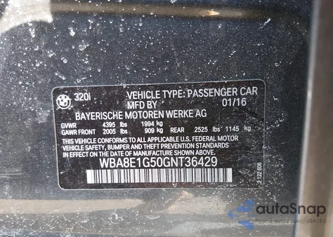 2016 BMW 320I z USA, uszkodzony, nr VIN WBA8E1G50GNT36429